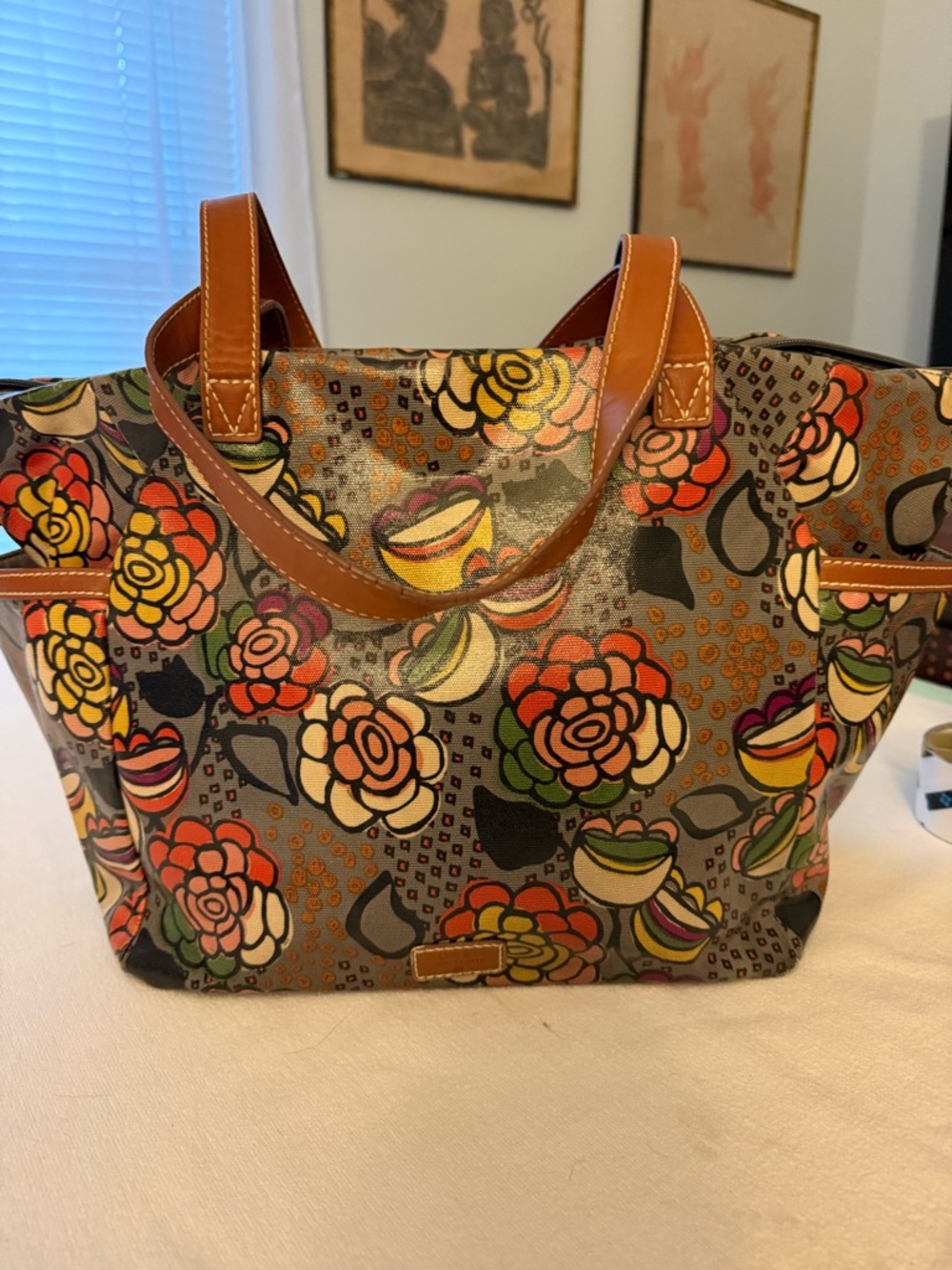 Fossil Multicolor Floral Tote with Brown Leather Handles